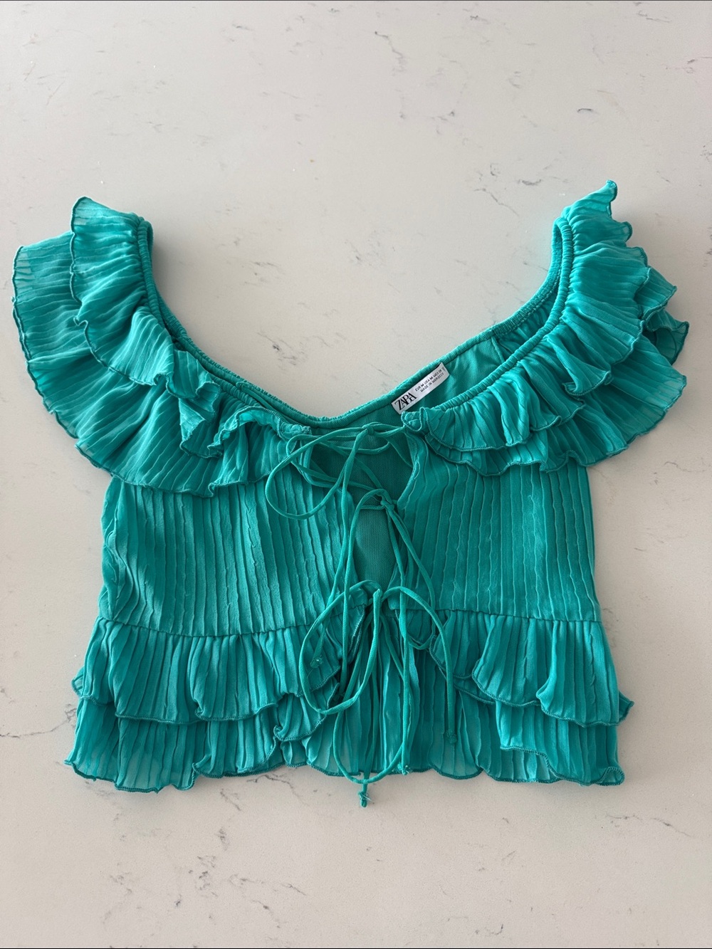 Zara Teal Ruffle Tie-Front Crop Top